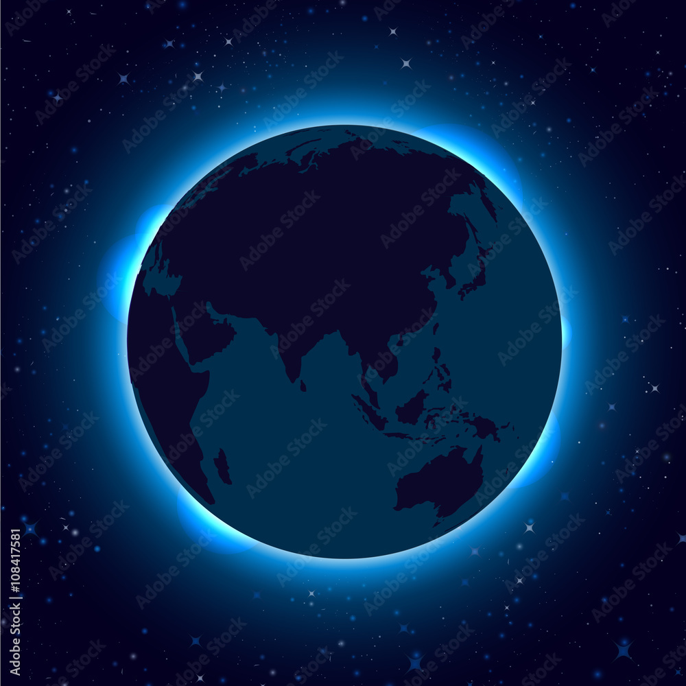 Planet earth with sunrise in space. World Map with Globes detailed editable. Vector space background