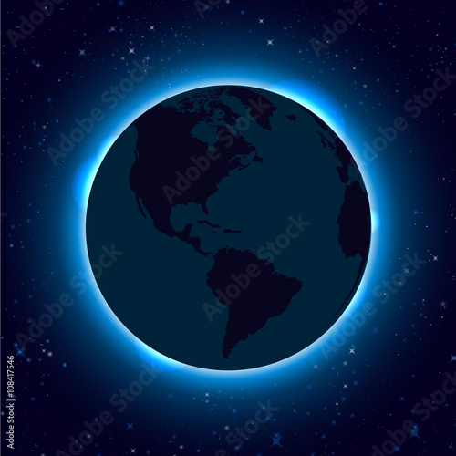 Planet earth with sunrise in space. World Map with Globes detailed editable. Vector space background