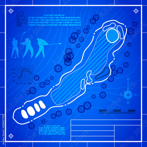 Golf course layout. Abstract design stylized blueprint technical drawing. White symbol on blue topographic background