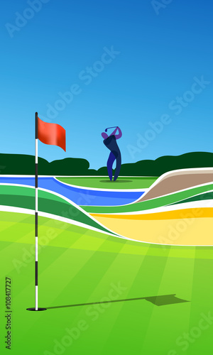 Golfer at golf course. Golf hole vector green tee background illustration with sand bunker and water hazard