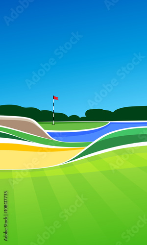 Golf hole vector green tee background illustration with sand bunker and water hazard