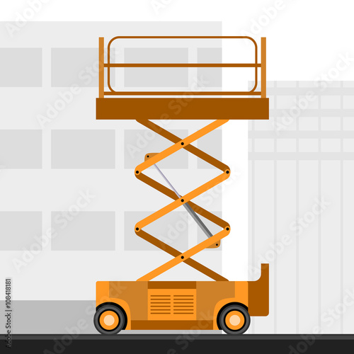 Aerial man scissor lift crane with construction background. Side view mobile crane vector illustration