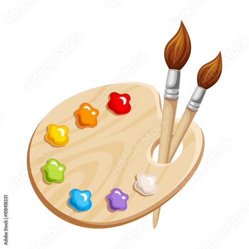 Vector illustration of an art palette with paints and brushes isolated on a white background.