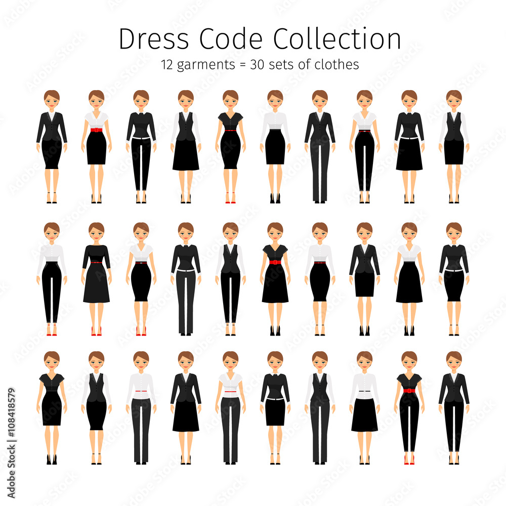 Business woman collection. Women dress code vector set Stock