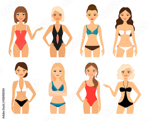 Women in swimsuit. Beautiful girls in bathing suits of different types. Vector illustration