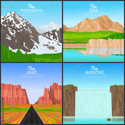 Landscape set. Mountain landscape and landscape with a waterfall, landscape with the road and the view of the lake vector illustration