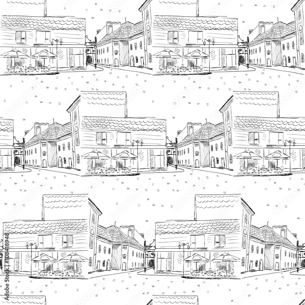 City sketch. Vector town spring. Seamless pattern