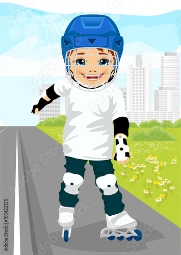 boy skating on rollerblades on sidewalk along the road