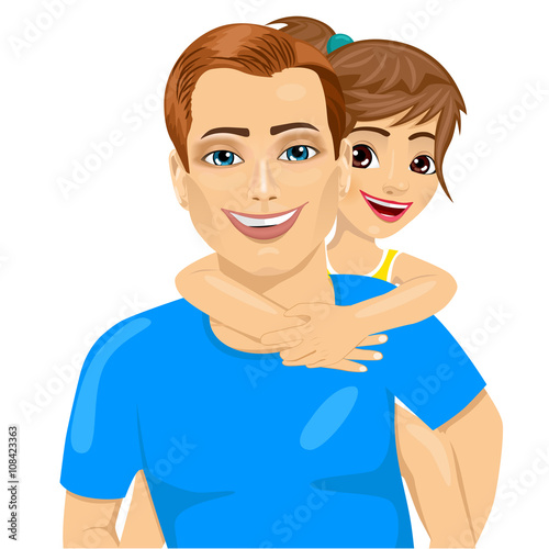 father and his little girl in piggyback smiling