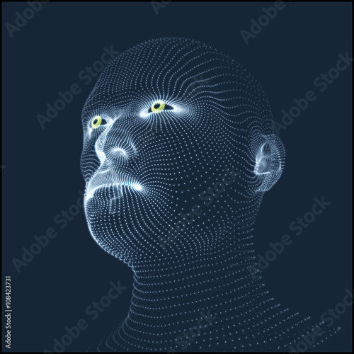 Head of the Person from a 3d Grid. Human Head Wire Model. Human Polygon Head. Face Scanning. View of Human Head. 3D Geometric Face Design. 3d Polygonal Covering Skin. Geometry Polygon Man Portrait.