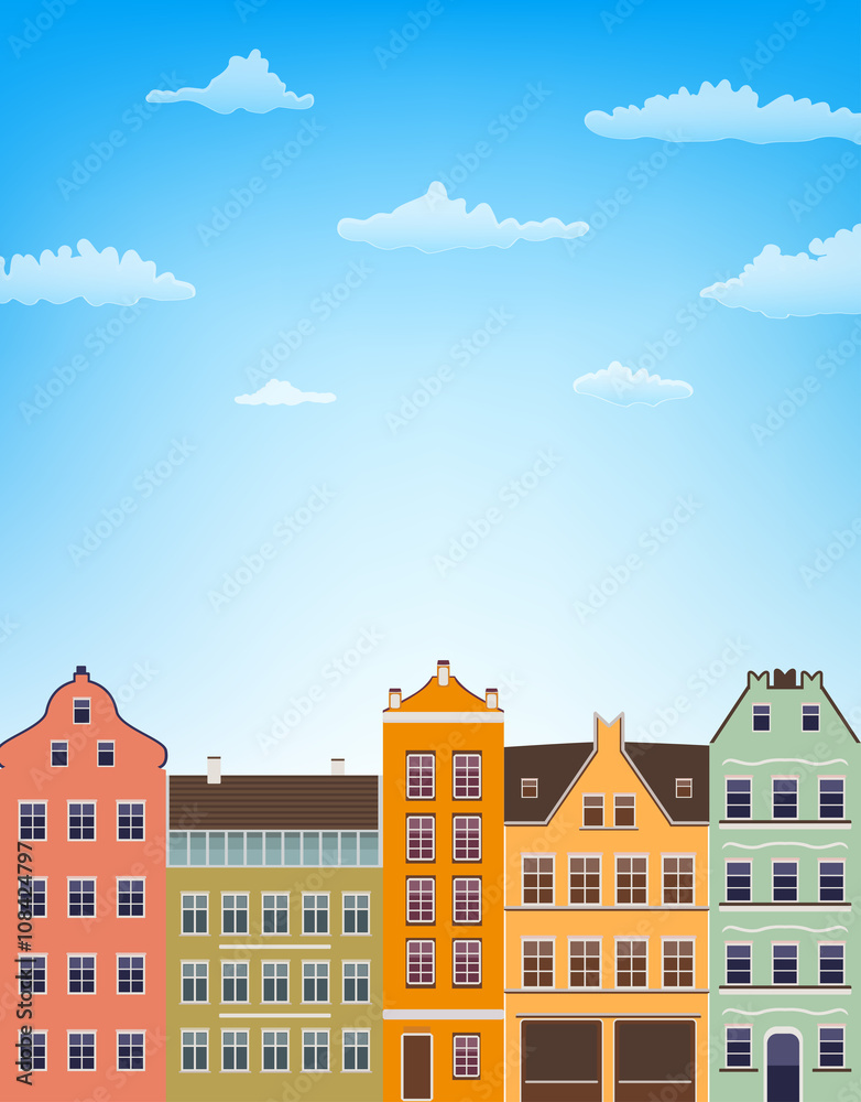 vertical background with retro houses over blue sky with clouds