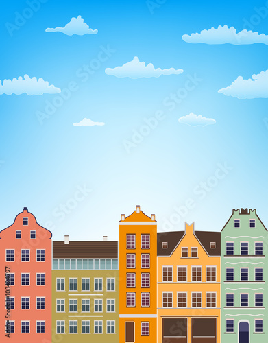 vertical background with retro houses over blue sky with clouds © Ghen