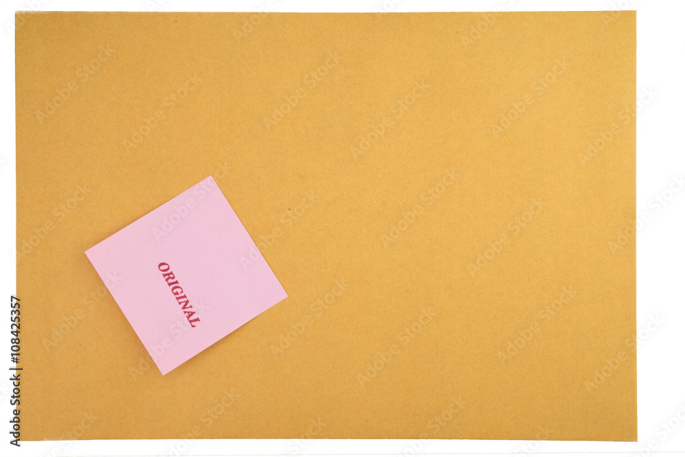 Stamp original on blue post it note/on brown envelope. Stamp original on blue post it note/on brown envelope.