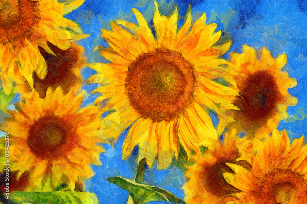 Naklejka premium Sunflowers.Van Gogh style imitation. Digital painting.