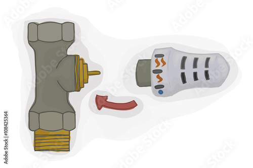 Thermostatic valve with thermostatic head for the heating system vector. House heating.