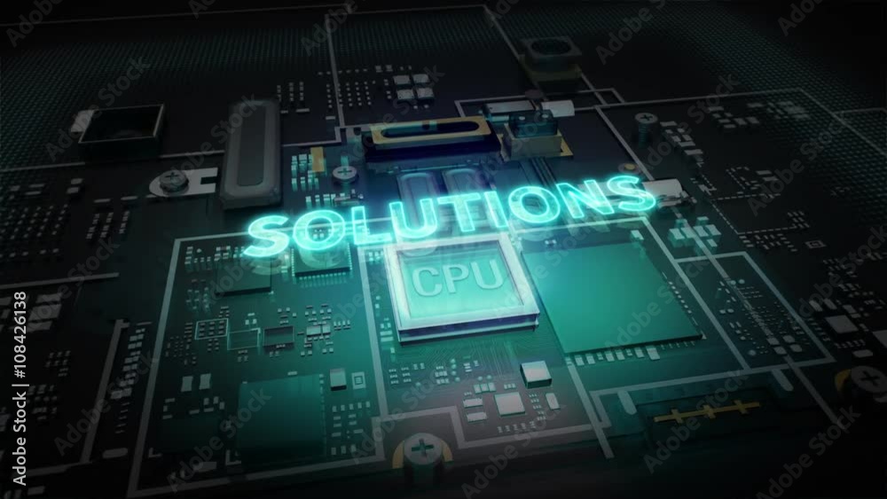 Hologram typo 'Solutions' on CPU chip circuit, grow artificial intelligence technology. Hologram typo 'Solutions' on CPU chip circuit, grow artificial intelligence technology.