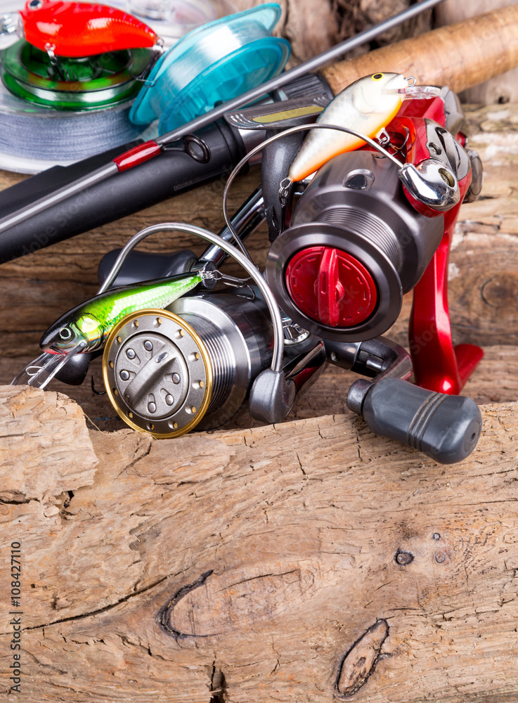 fishing tackles and fishing baits on wooden fishing tackles and fishing baits on wooden