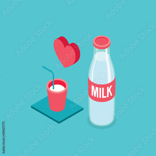 Milk bottle and glass Modern Isometric design