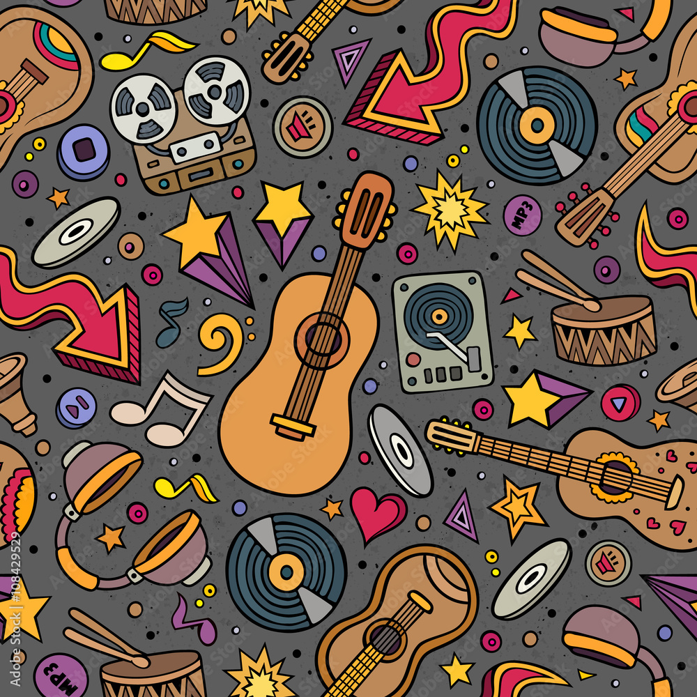 Cartoon hand-drawn musical instruments seamless pattern