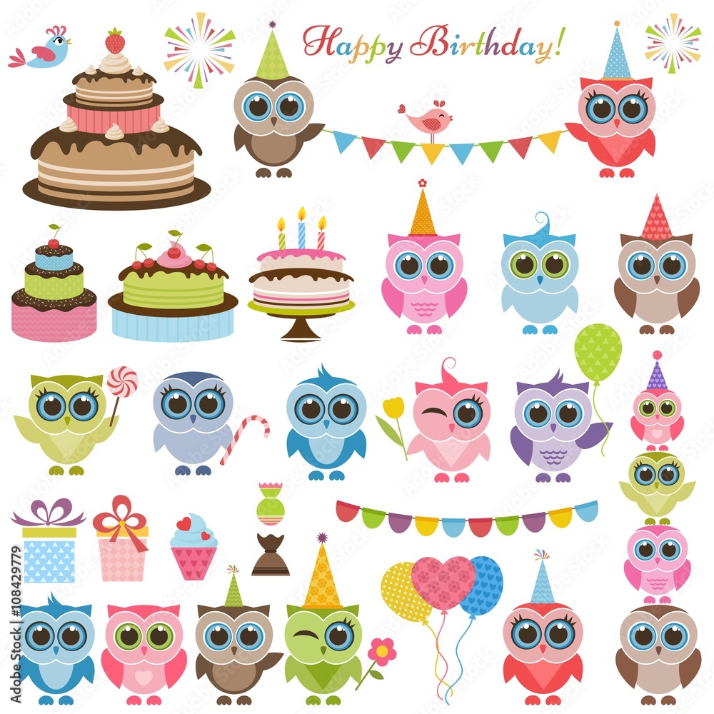 Fototapeta premium Birthday party set with owls and owlets