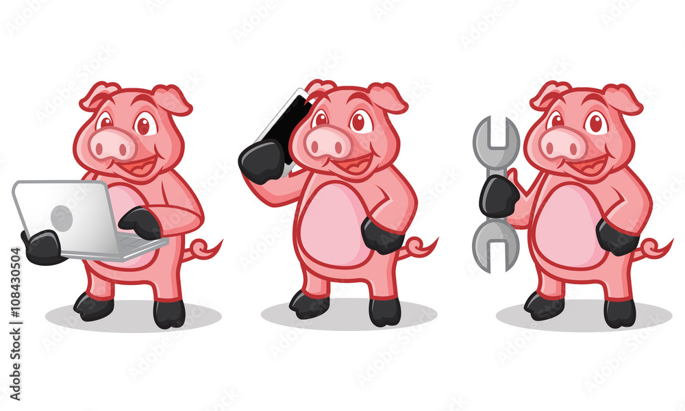 Deep Pink Pig Mascot with phone Deep Pink Pig Mascot with phone