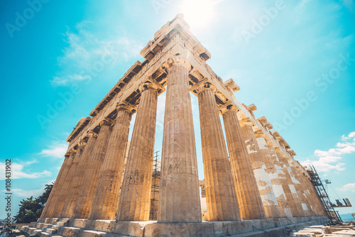 Ultrawide shot of ruins of Parthenon temple of goddes Athena in Acropolis, Athens, Greece