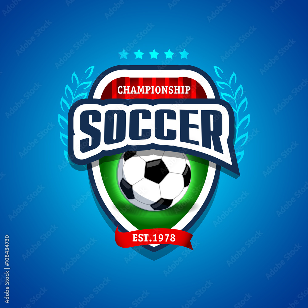 Soccer, football logo. Blue, red and green soccer football badge logo design template, sport logotype template. Soccer Themed T shirt. Football logo. Vector illustration. Soccer, football logo. Blue, red and green soccer football badge logo design template, sport logotype template. Soccer Themed T shirt. Football logo. Vector illustration.