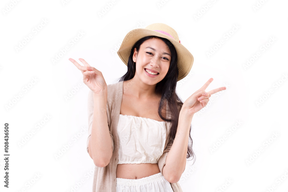 smiling lady with asian happy victory hand gesture smiling lady with asian happy victory hand gesture