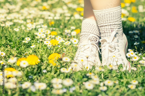 White sneakers and socks on woman's legs on grass during sunny summer day. Standing in a field of flowers. © Marina P.