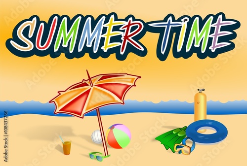Summer time illustration with beach gears and sea