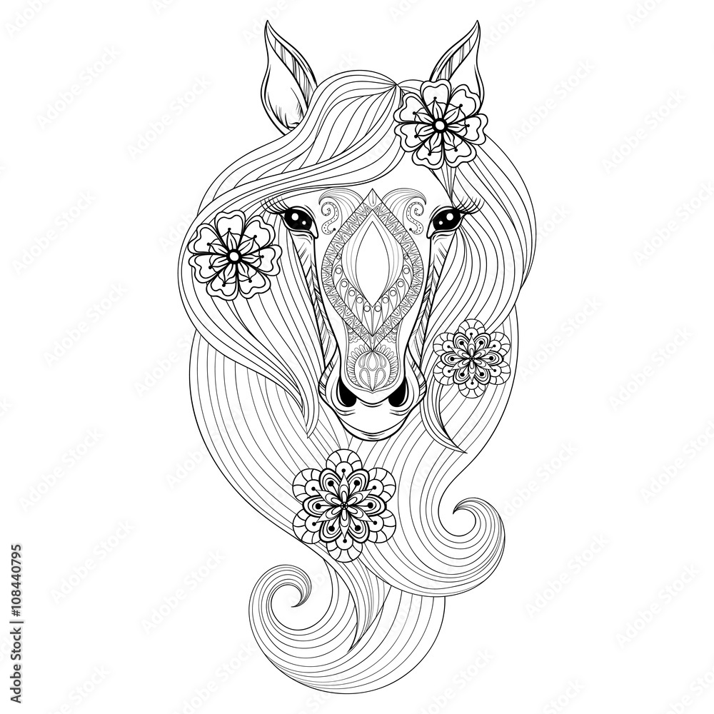 Obraz premium Vector Horse. Coloring page with Horse face. Hand drawn patterne
