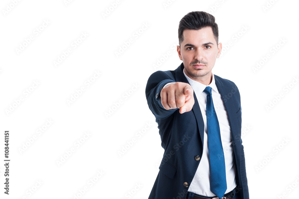 Handsome lawyer or broker pointing finger at the camera Handsome lawyer or broker pointing finger at the camera