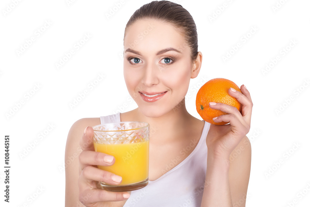 portrait of attractive caucasian smiling woman drinking orange j portrait of attractive caucasian smiling woman drinking orange j
