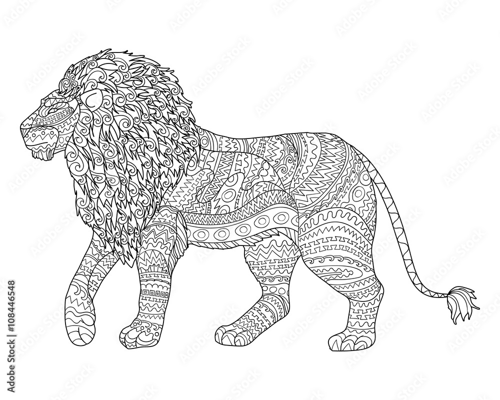 Naklejka premium Adult coloring page for antistress with lion.