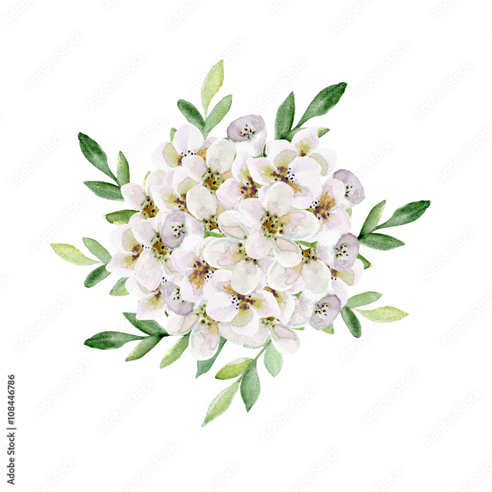 Fototapeta premium Bouquet with white flowers. Watercolor hand drawn