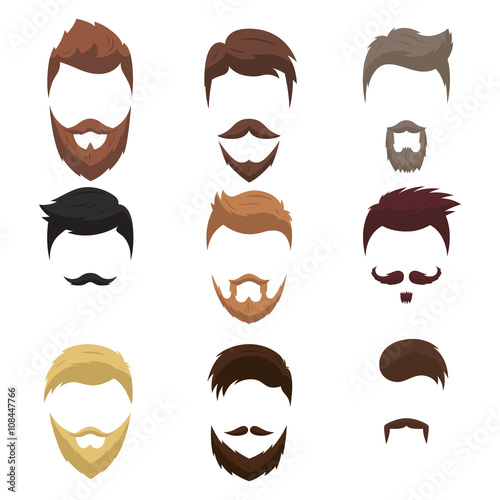 Set of men cartoon hairstyles with beards and moustache. Collection of fashionable stylish hairstyles and beards. Vector illustration with isolated hipsters hairstyles on a white background.