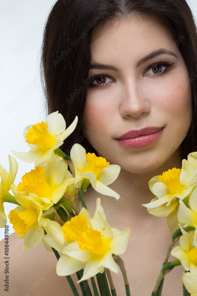 beautiful woman with daffodils beautiful woman with daffodils