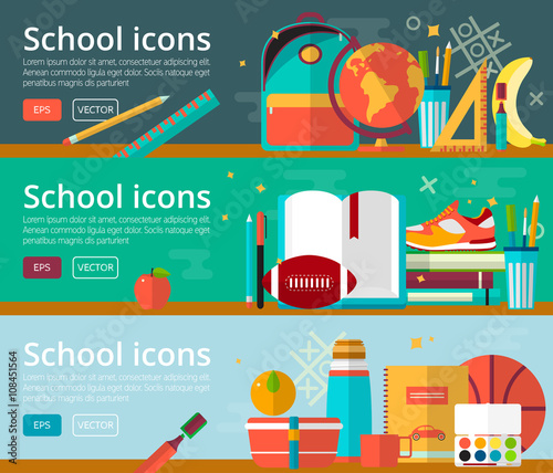 Vector flat design concepts of education. Horizontal banners with items. Back to school concepts. Icons set. 