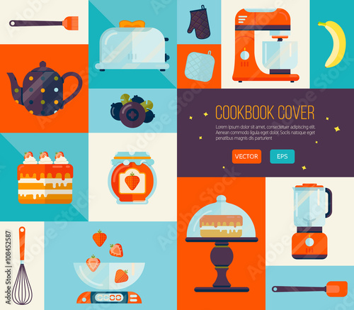 Cookbook cover in bright colors. Big vector cook icons set. Collection of kitchen items, flat style. 