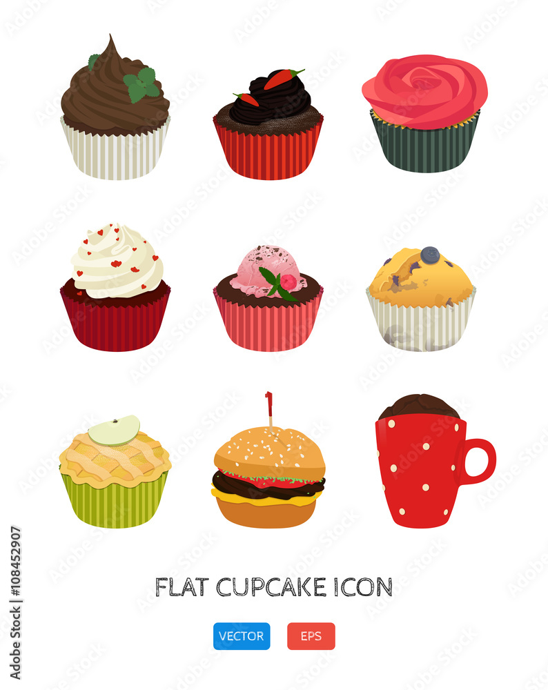 Flat cupcake icon. Cute illustration for print, poster. Flat cupcake icon. Cute illustration for print, poster.