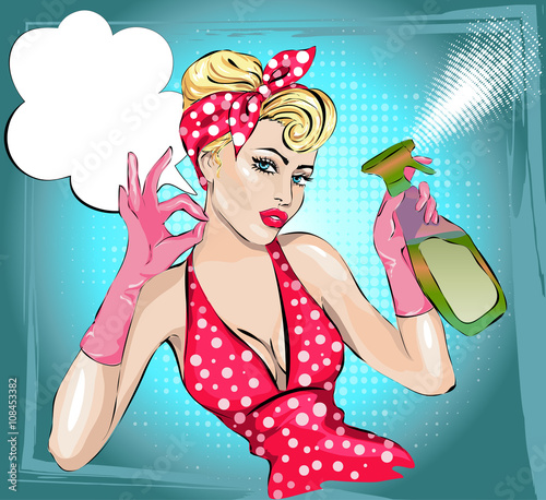 Pin-up housewife woman portrait with wiper. housekeeping, sexy wife