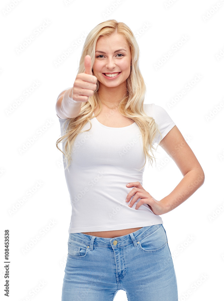 Fototapeta premium happy young woman or teenage girl in white t-shirt