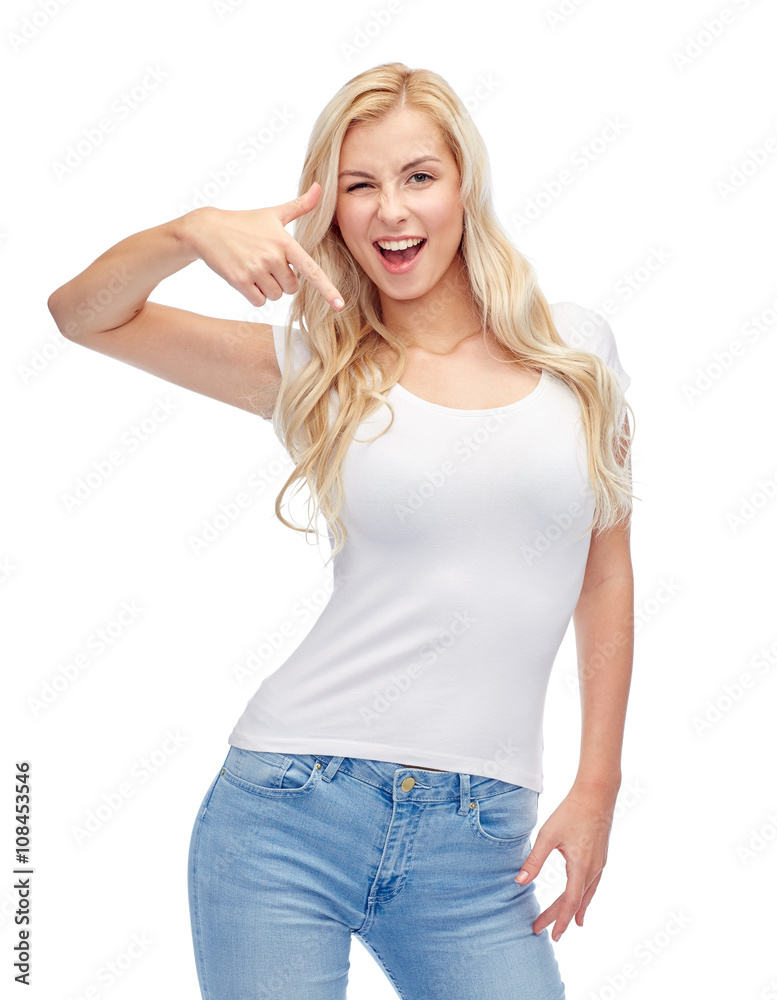 happy young woman or teenage girl in white t-shirt happy young woman or teenage girl in white t-shirt