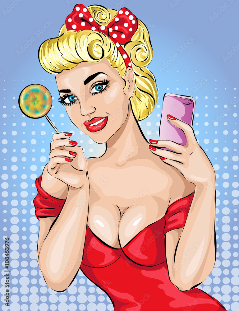 Pop art sexy woman portrait. Pin-up girl with phone and lollipop vector de  Stock | Adobe Stock