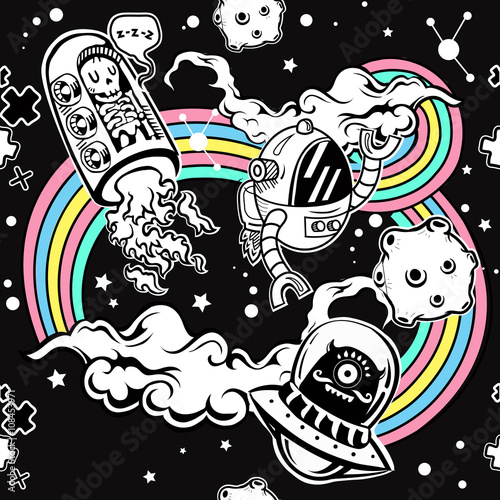 Seamless pattern with robots and rainbow