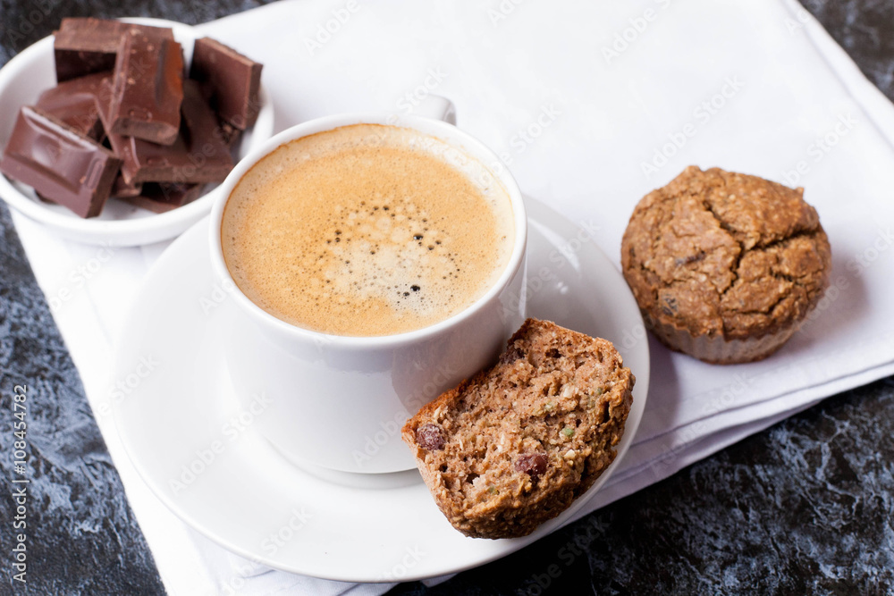 cup of coffee, chocolate and cakes, top view cup of coffee, chocolate and cakes, top view