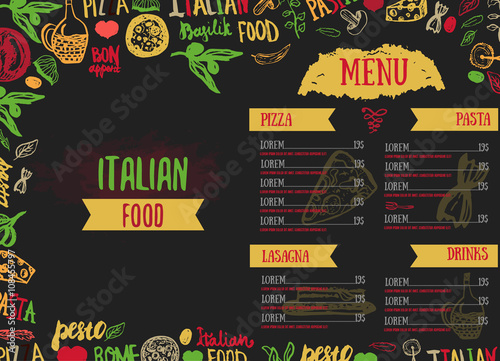 Vector Italian Menu Vector Template, with Various Groceries: Pasta, Vegetables, pizza and Mushrooms and hand drawn lettering.