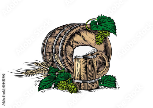 Wooden beer mug, wooden barrel, barley and hop