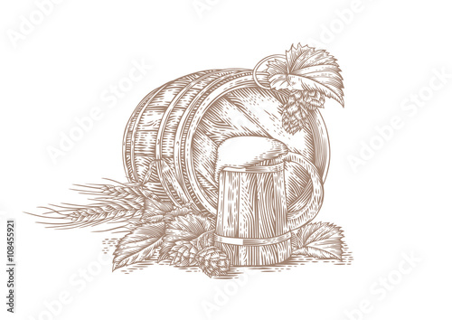 Wooden beer mug, wooden barrel, barley and hop