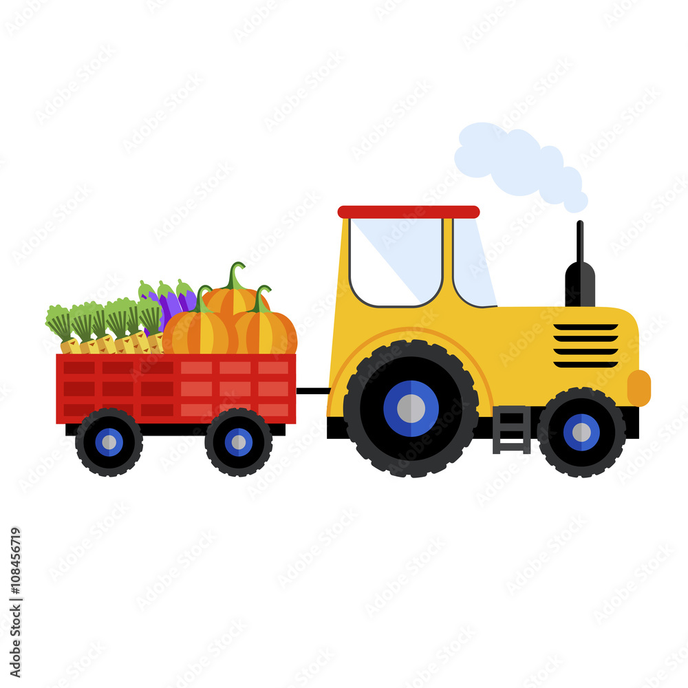 Farm tractor on white background with harvest. Raster illustration, tractor icon.